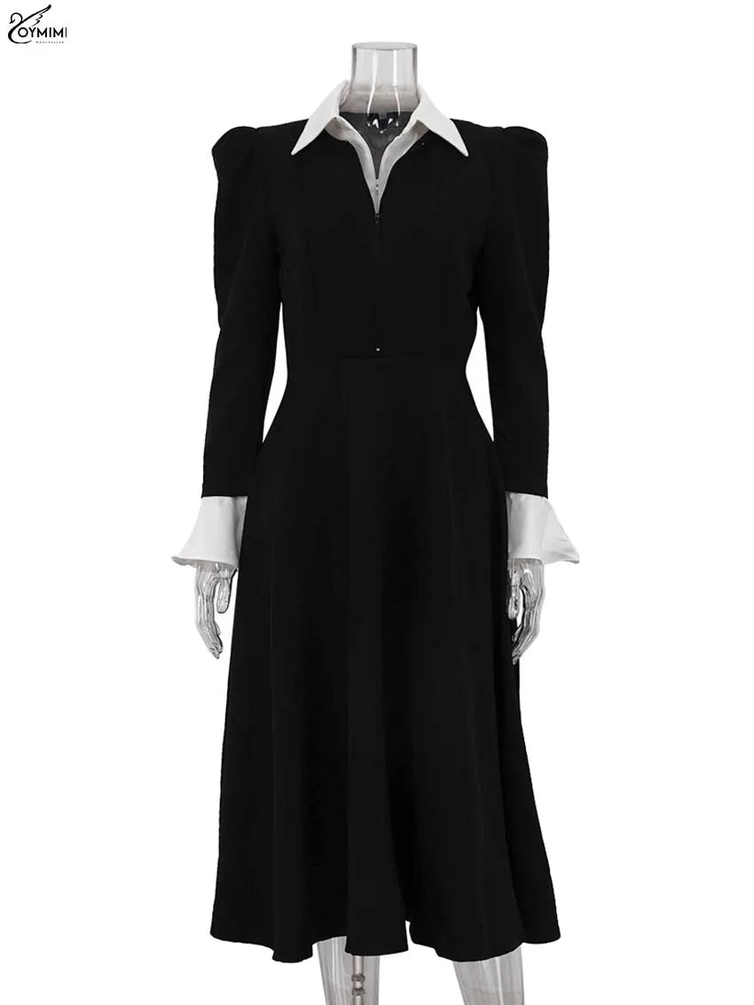 Oymimi Elegant Blue Cotton Womens Dresses Fashion Lapel Short Sleeve Button Dresses Autumn New High Waisted Pleated Mini Dress