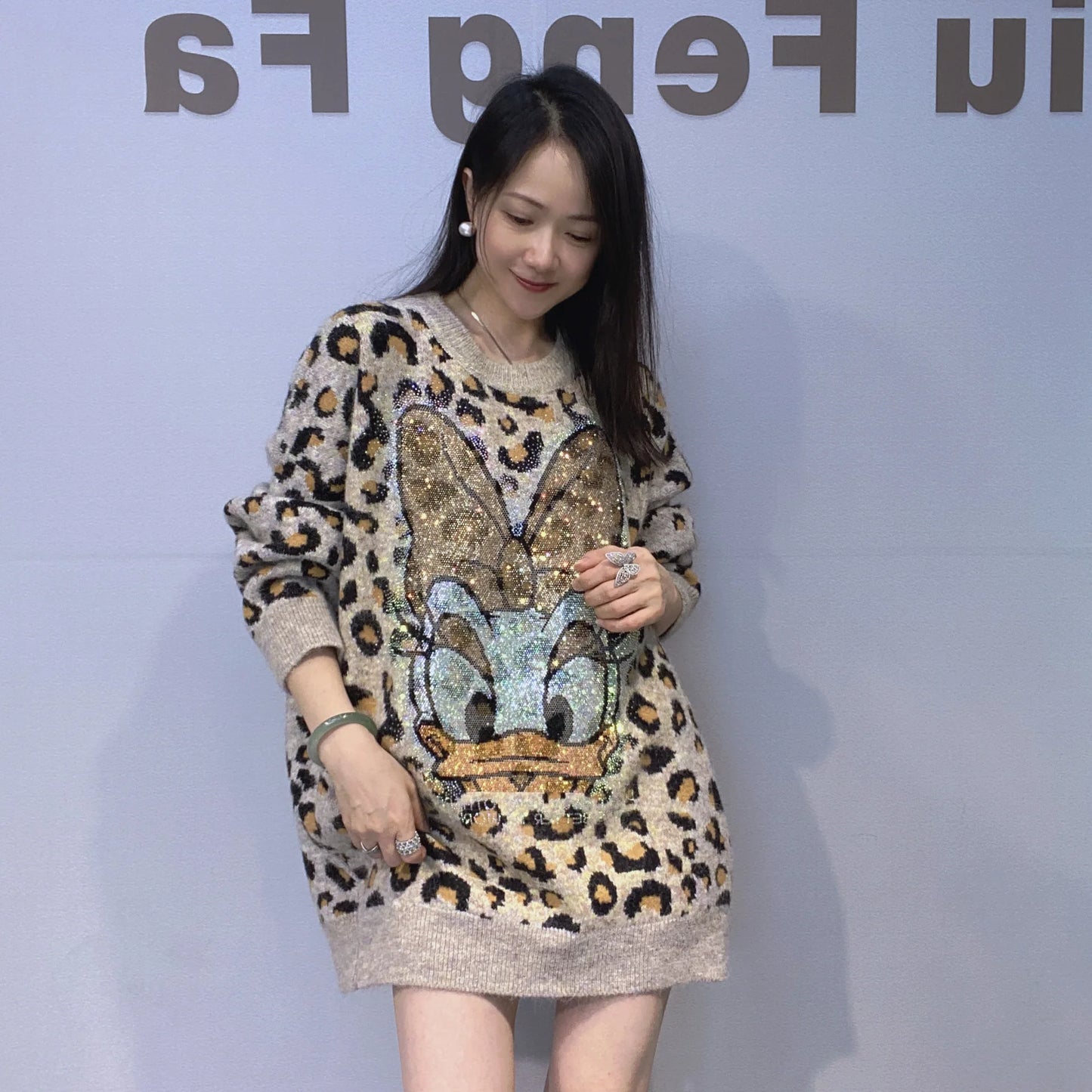 Heavy Industry Rhinestone Mid-length Sweater Coat Winter Leopard Print Thickened Knitted Top Jacket Long-sleeves O-neck Jumpers