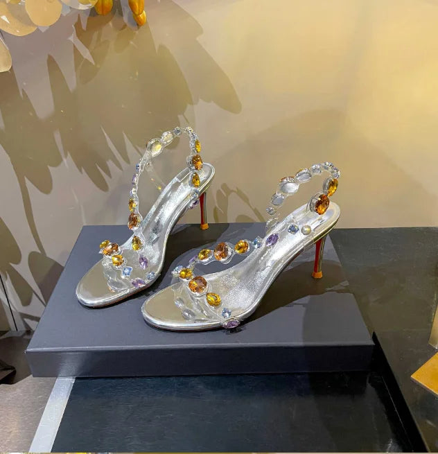 Gemstone Embellished Stiletto Sandals With Buckle Strap For Women