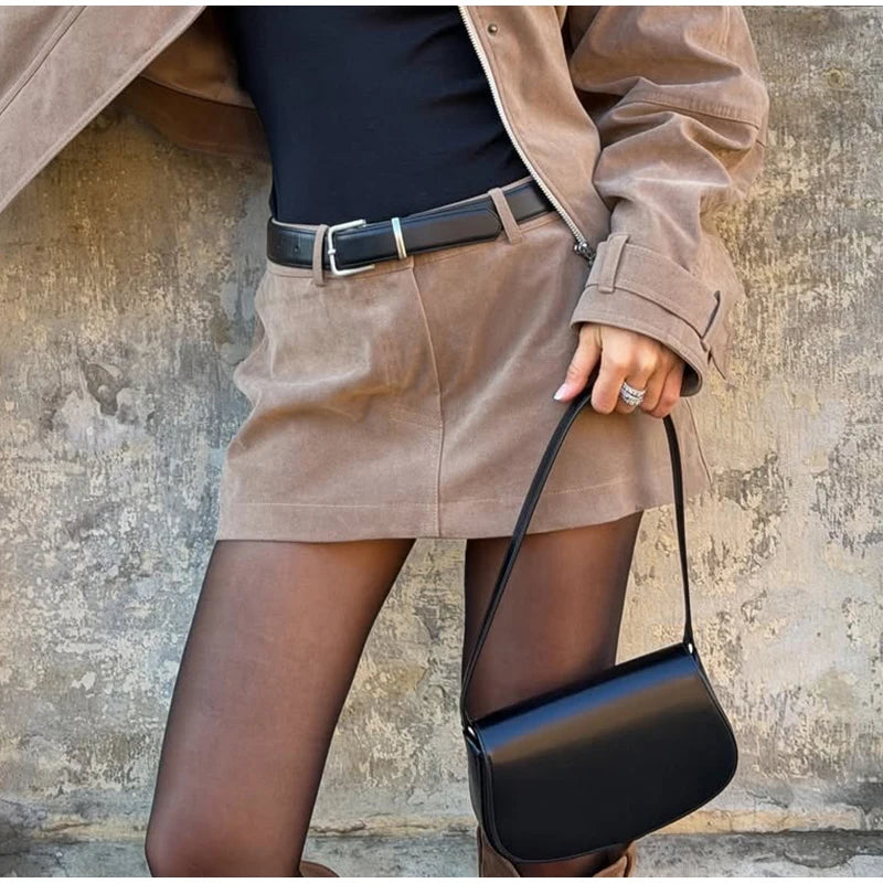 Vintage Suede Jacket and Mini Skirt Two Piece Set for Women