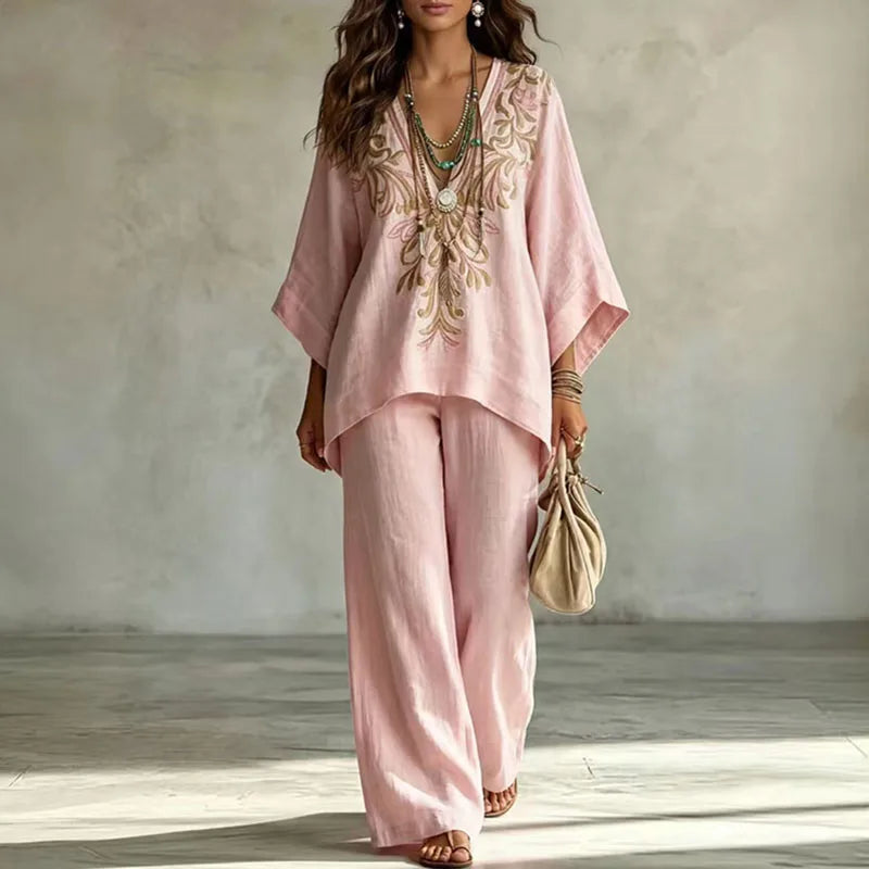 Boho Embroidered Blouse and Wide Leg Pants Set for Women