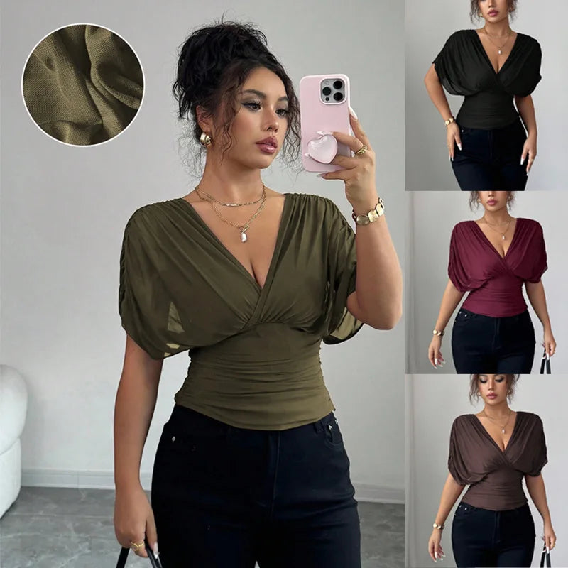 Elegant Deep V Neck Flutter Sleeve Waist Cinching Top for Women