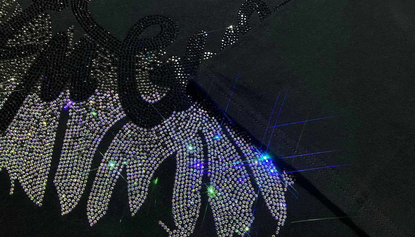 Streetwear New Spring Summer Women Short Sleeve T-shirt Hot Diamonds Wings Mid-long Oversize Pullover Trendy Couple Cotton Tees