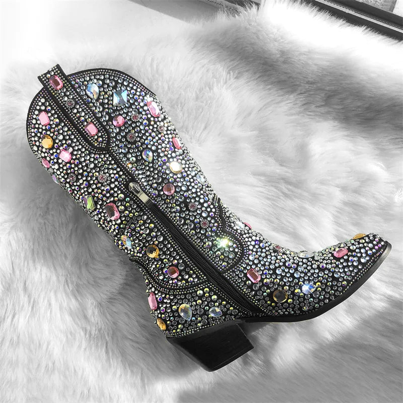 Rhinestone Knee High Cowgirl Boots With Chunky Heels for Women