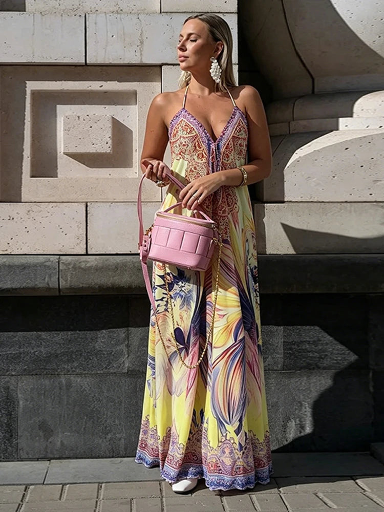 Beach Print Halter Neck Backless Long Dress for Women