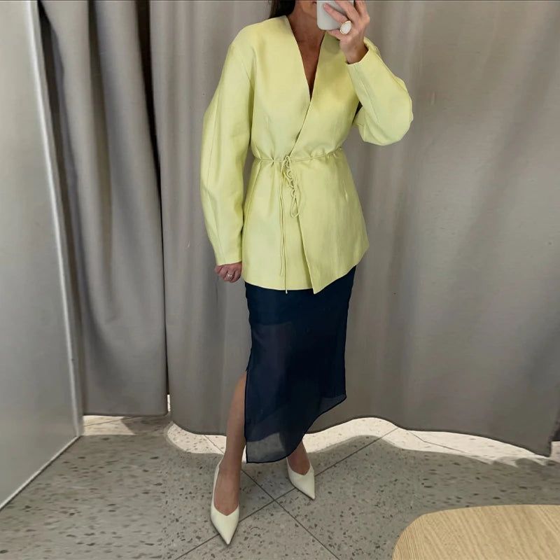 Lace Up Jacket and Wide Leg Pants Suit Set for Women