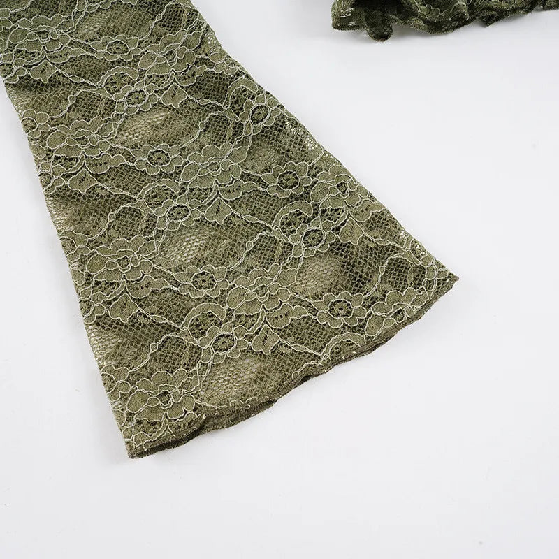 Green Sheer Lace V-Neck Flare Sleeve Top for Women