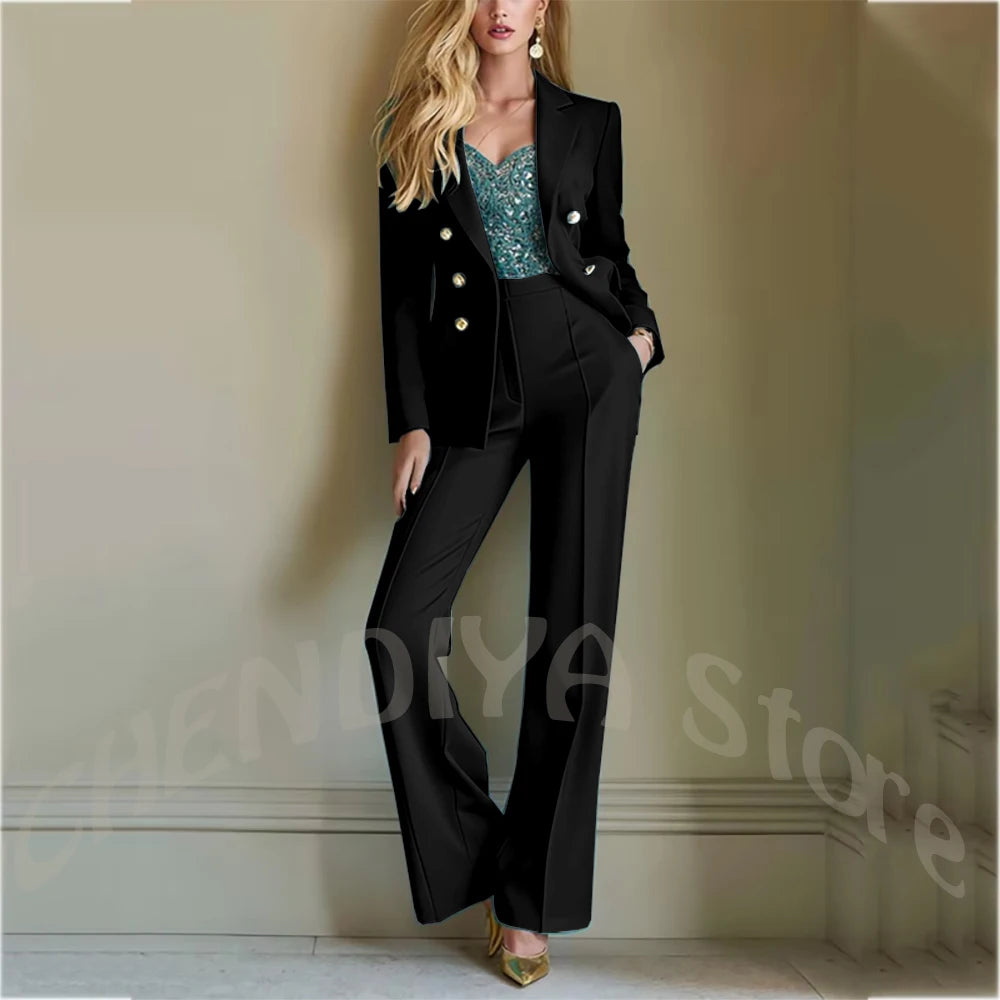Solid Color Suit For Women High Quality Double Breasted Two Piece Notch Lapel Slim Fit Elegant Fashion Female Outfit Jacket Pant