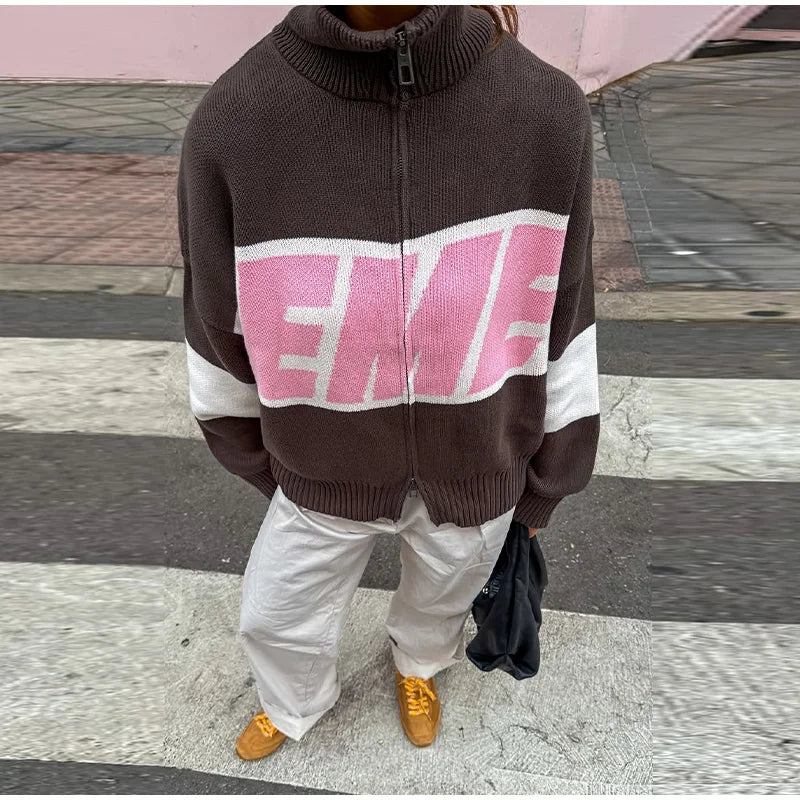 Letter Women 's Sweater Stand Collar Y2k Knit Sweaters For Woman Zipper Full Sleeve Tops Female 2025 Winter Men Jacket Knitwear