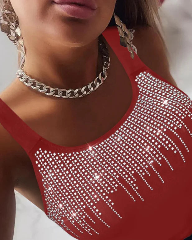 High Stretch Rhinestone Round Neck Tank Top for Women
