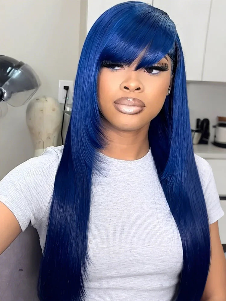 Blue Long Straight Human Hair Wig With Bangs for Women