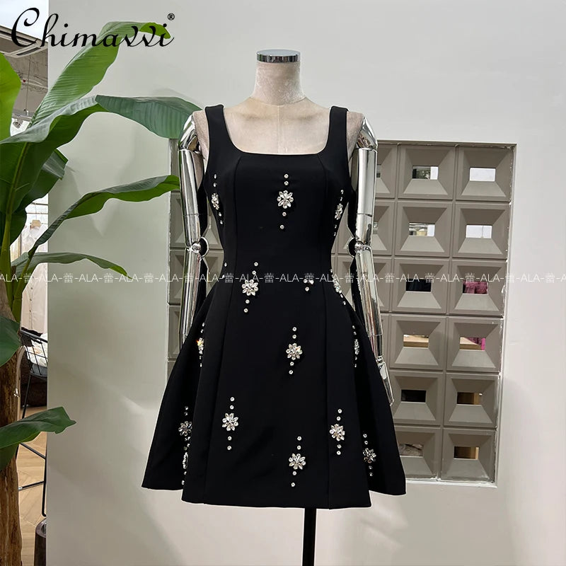 High-end Light Luxury Party Dress 2025 Summer Clothes New Heavy Industry Diamond Square Collar Waist Halter Bow Short Dress