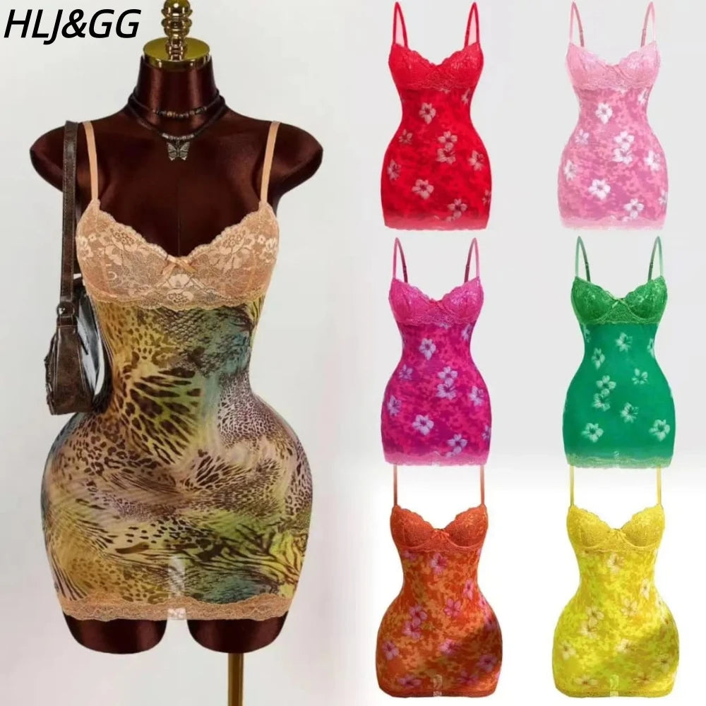 Leopard Print Lace Spaghetti Strap Bodycon Dress for Women