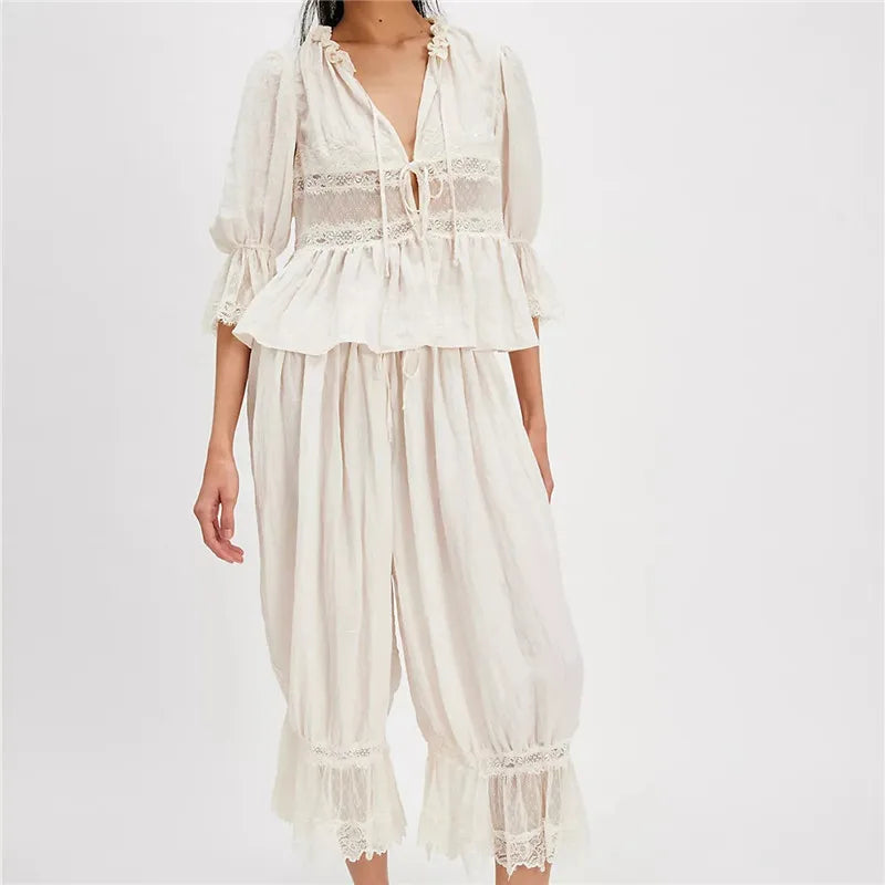 hirigin Women Lace Trim 2 Piece Pajamas Sets Y2k Bow Tie Front Short Sleeve Shirts + Ruffle Flared Lantern Pants Loungewear