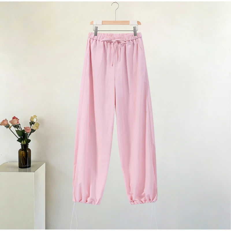Solid Loose Suit Set with Stand Collar Crop Top and Drawstring Pants for Women