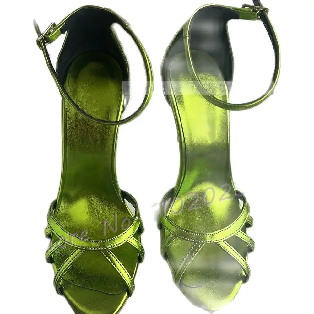 Metallic Green Open Toe Cross Strap Sandals for Women