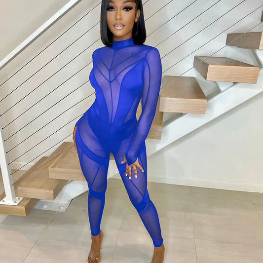 Sexy Sheer Mesh Jumpsuits Women Party Club Outfits Skinny Patchwork Long Sleeve See Through Rompers Womens Jumpsuit Midnight