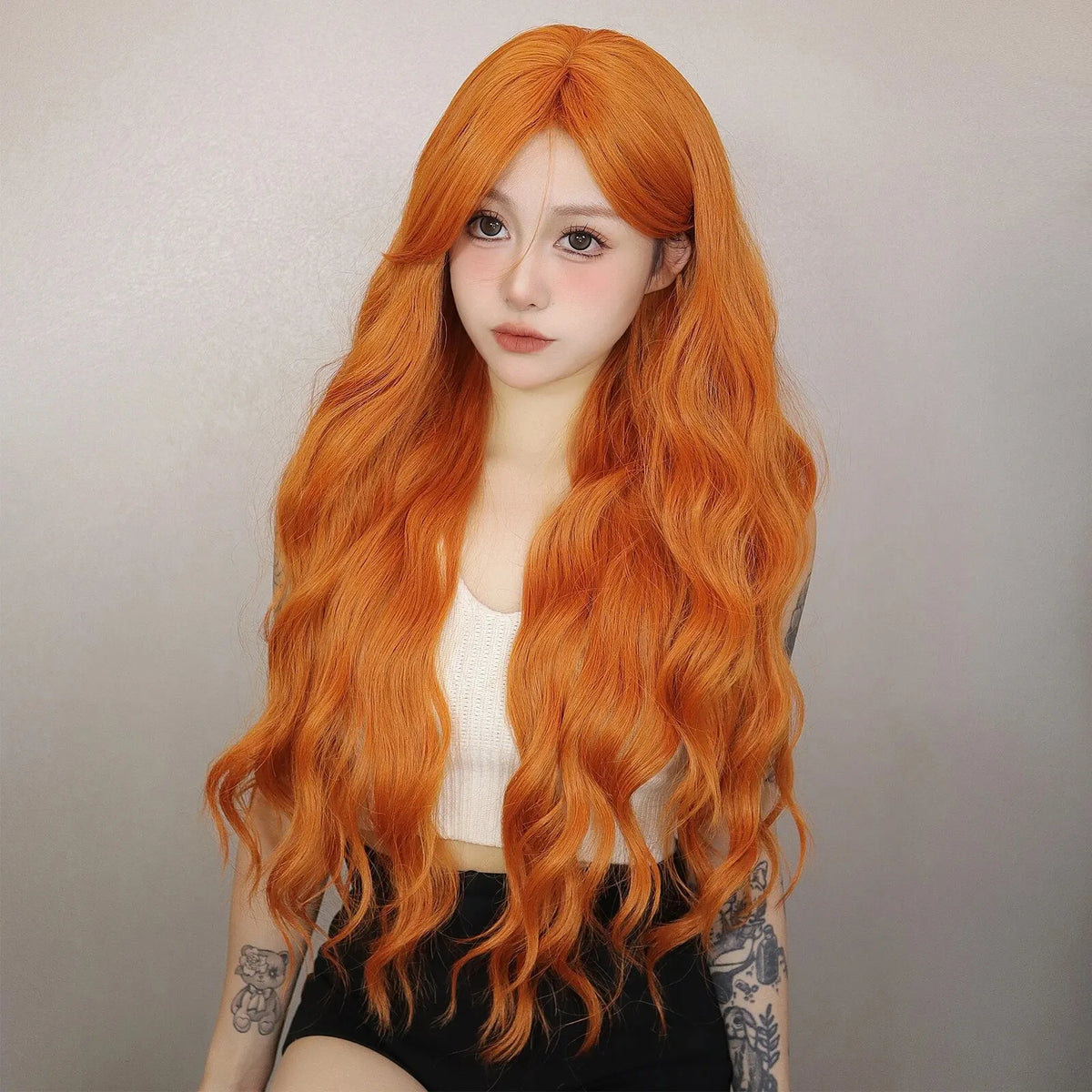 Long Water Wave Orange Synthetic Wig With Bangs for Women
