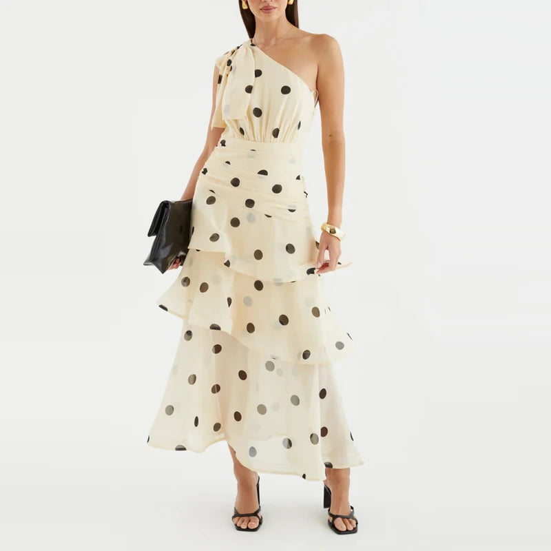 Elegant Polka Dot Ruffle Draped Maxi Dress for Women