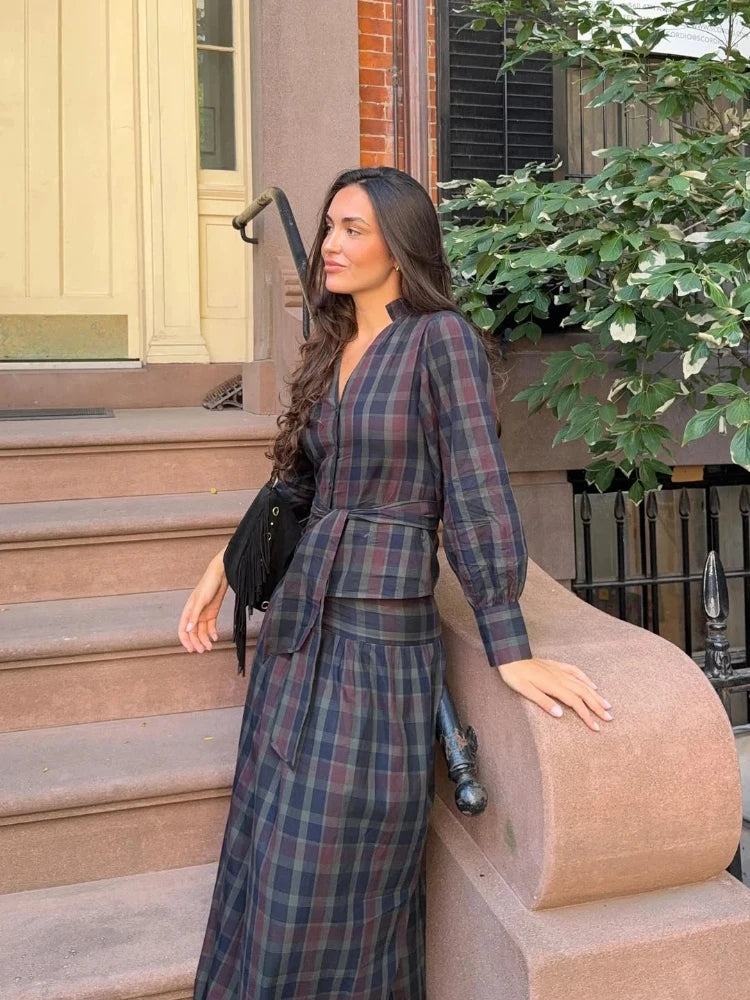 Vintage Plaid Women's Skirt Set V-neck Puff Sleeve Waist Belt Cinched Floor-length Skirt Suit Woman 2026 Spring Evening Outfits