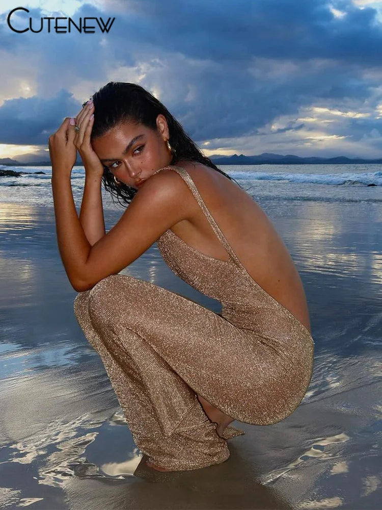 Beach Ready Backless Shiny Body-Shaping Maxi Dress for Women