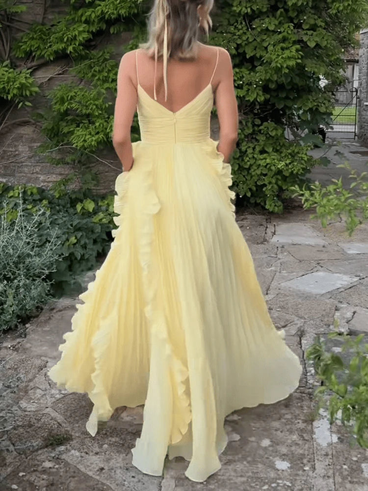 Elegant V-neck Sleeveless Suspender Dress Women's Fashion Pleated Hight Waist Solid Long Dress Casaul Ruffle Design Party Dress
