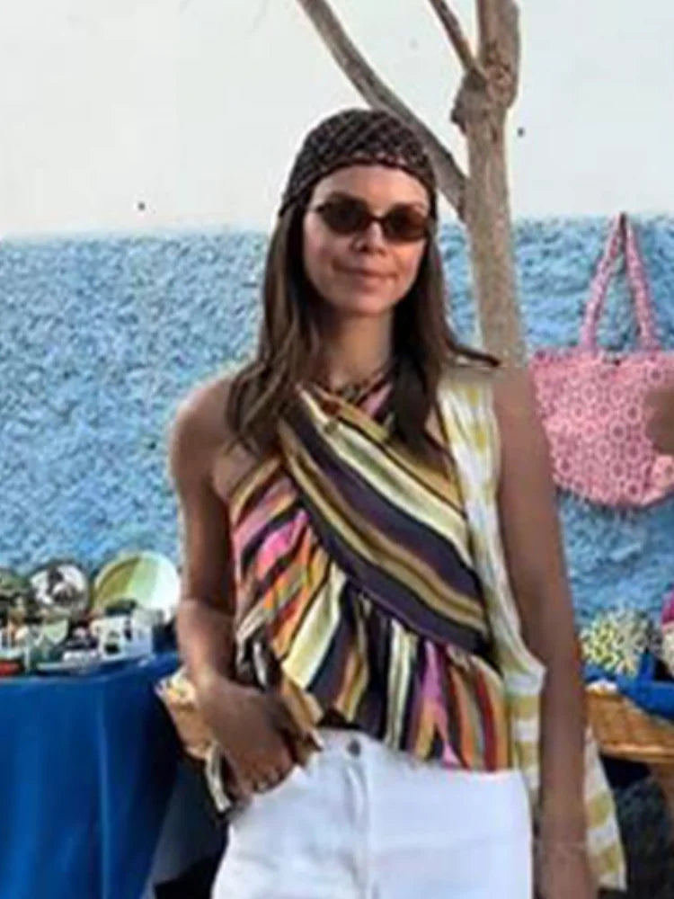 Rainbow Striped Halter Tank Top With Ruffle Trim For Women