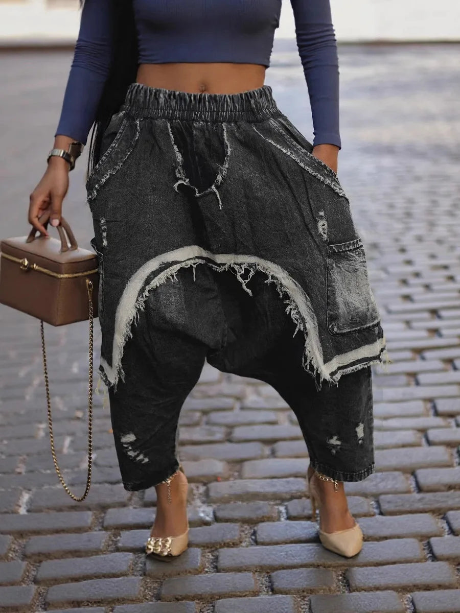 Drawstring Tie Dye Camouflage Ripped Harem Pants for Women