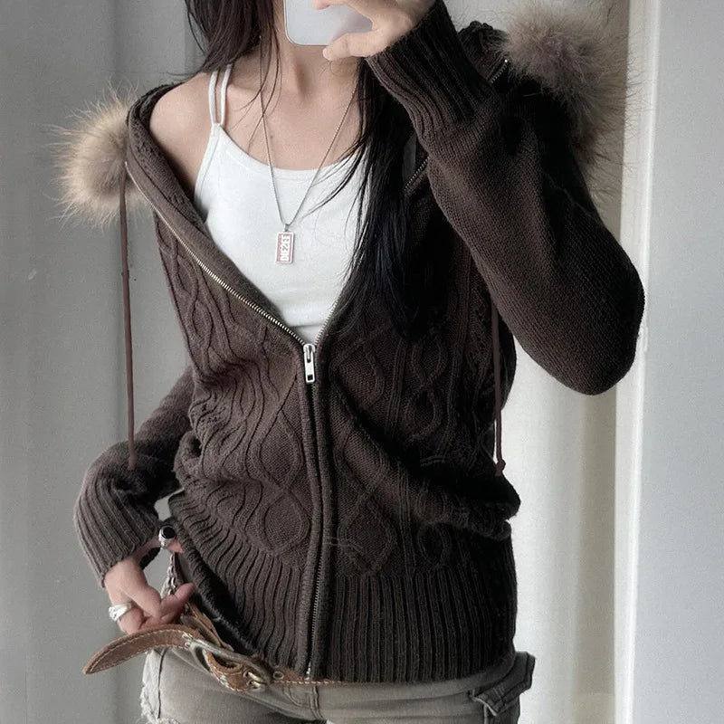 Spicy Girl Style, Furry Combination, Hoodie Zipper Sweater Cardigan, Women's Slimming And Shaping, Versatile Casual Coat