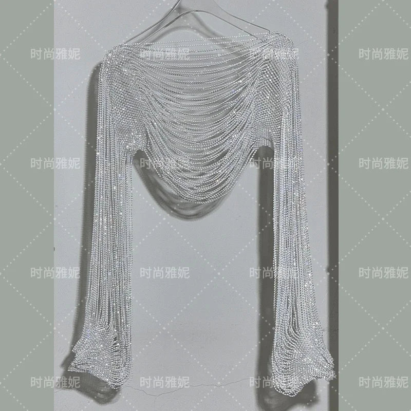 Fashion Heavy Diamond Shawl Bust Long Sleeve Top Sexy Girl Evening Dress V-Neck Slim Hip Wrap Tassel Suspender Dress 2-piece Set