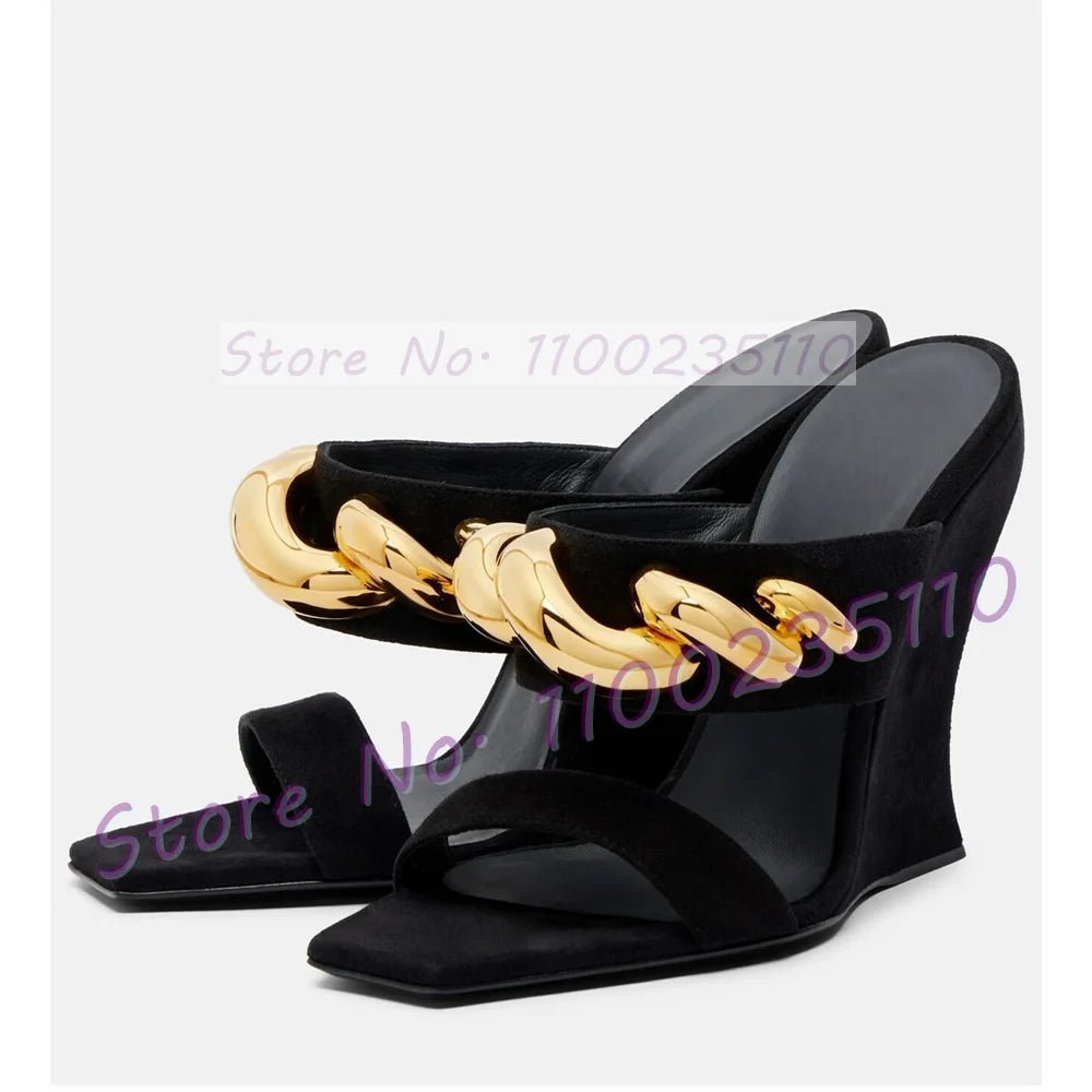 Gold Wave Metal Kid Suede Wedge Mules Women Luxury Square Open Toe Mules Front Strap Party Shallow Real Leather Beige Shoes