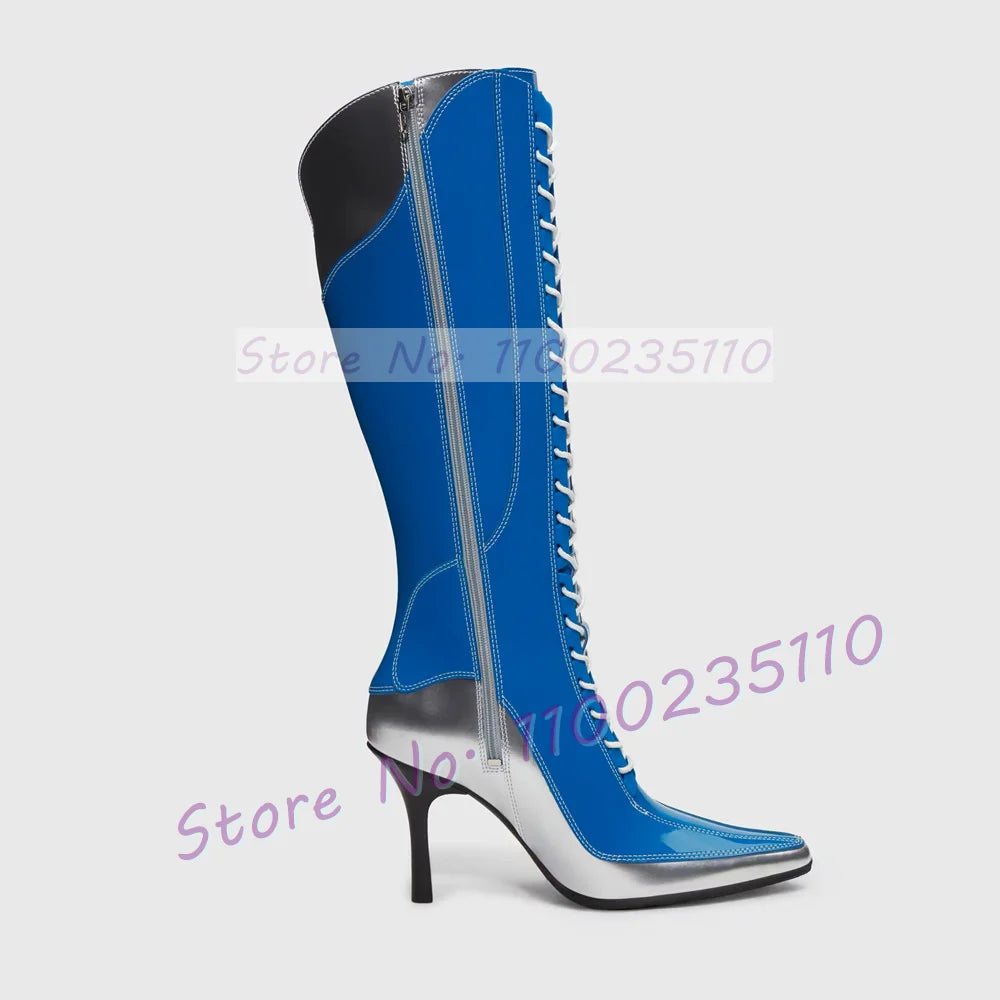 Blue Patent Leather Pointy Toe Knee High Boots for Women