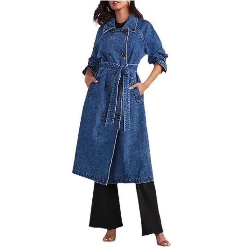ANJY Autumn Winter New Women Fashion Elegant Denim Trench Coat Ins Streetwear Turn-Down Collar Lace-Up Button Long Jacket A13025