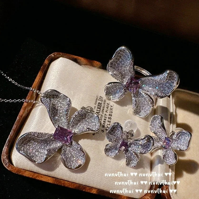 Sparkling Butterfly Zircon Necklace Ring and Earring Set for Women