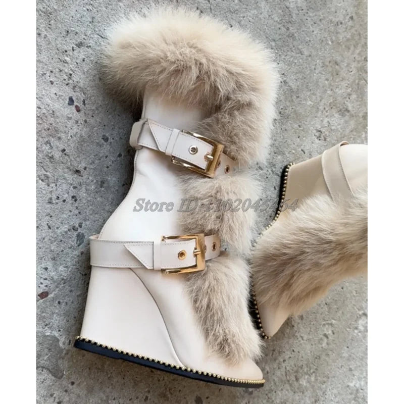Warm Leather Pointed Toe Buckle Wedge Boots For Women