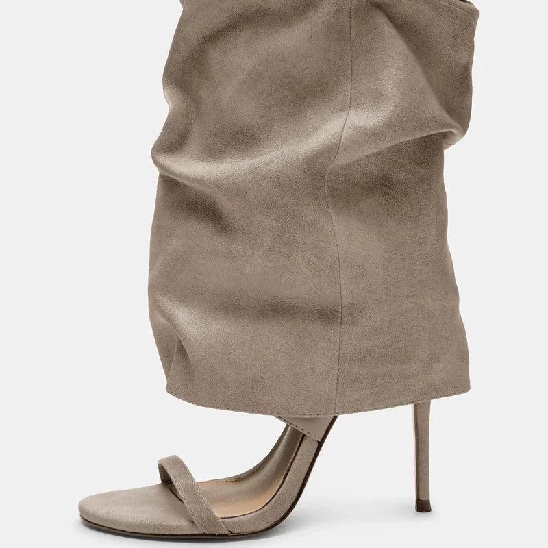 Pointed Toe Knee High Thin Heel Leather Boots for Women