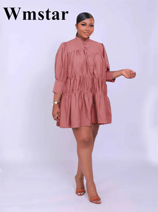 Wmstar Elegant Women Summer Solid Color Short Dress Fashion Long Sleeve High Neck High Waist Clothes Party Casual Mini Dresses
