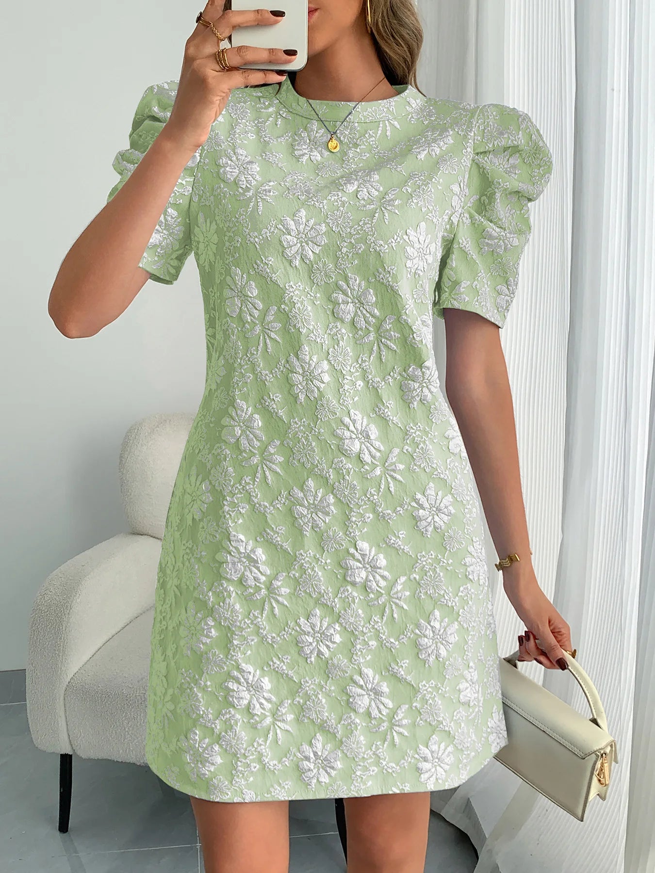 Textured Jacquard Puff Sleeve Midi Dress for Women