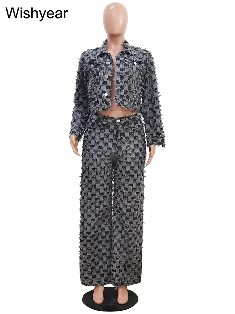 Women's Fashion Gray Denim 2 Piece Set Long Sleeve Patchwork Jacket And Wide Leg Pants Streetwear Grid Wash Jeans Autumn Outfits