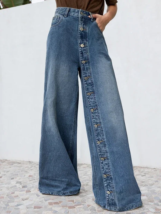 Krisstarsgirls 2025 New Women‘s Baggy Jeans Pants Spring Summer Buttoned Pockets High Waisted Boyfriends Jean Trousers for Woman