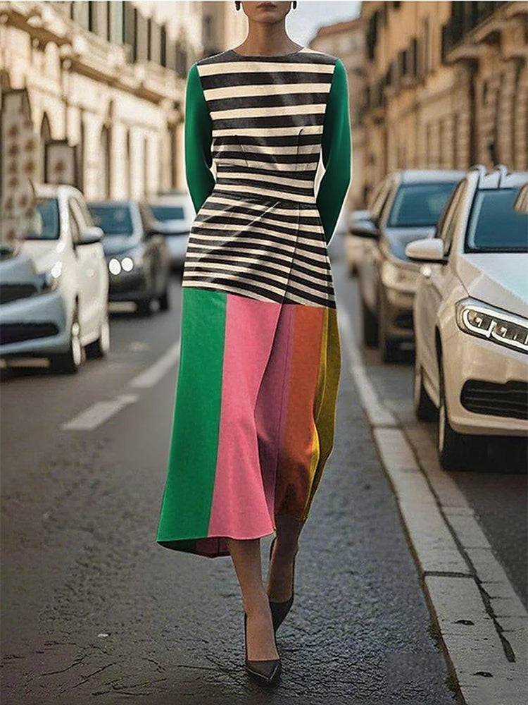 Gymystars Fashion Contrast Color Midi Dresses Women's Striped Party Dress Casual Long Sleeves Pleated Elegant Chic Dress Female