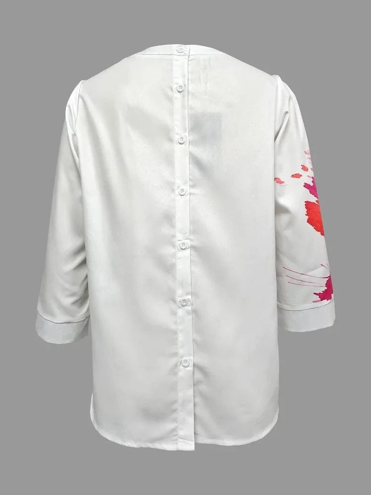 Women T-shirt 2024 New Summer Casual Simple Tops Round Neck Three-Quarter Sleeves Floral Printed Loose Fit Pullovers