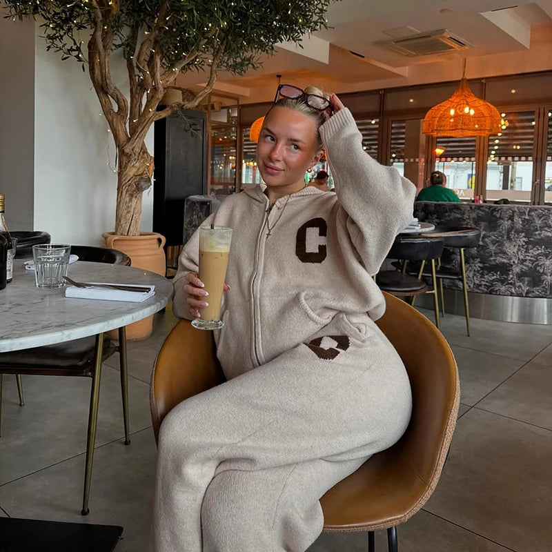 Letter Print Hooded Two Piece Set With Wide Leg Pants for Women