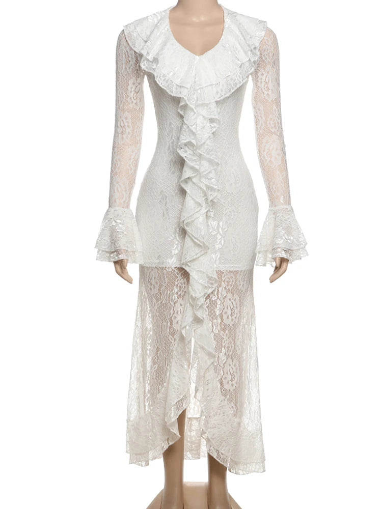 Cutenew Lace Stacked Women Maxi Dresses Romantic French Full Sleeve Ruffle Neck Split Bodycon Female Sexy Sheer Trend Vestidos
