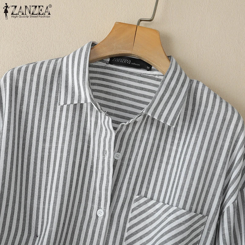 ZANZEA Women Casual Striped Shirts 2025 Summer 3/4 Lantern Sleeves Turn-Down Collar Chemises Femme Commute Office Work Tops