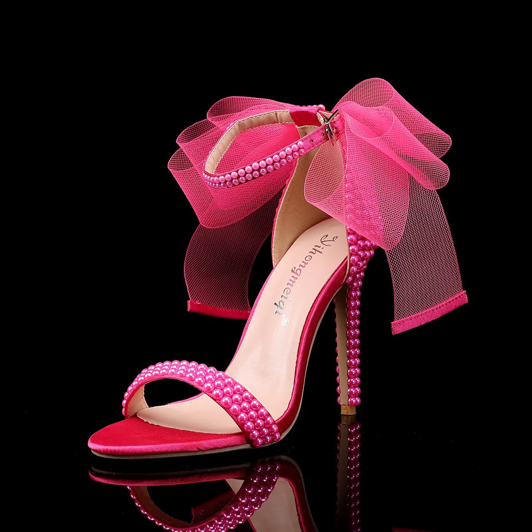 Elegant Pearl Beaded Mesh Bowknot Sandals for Women