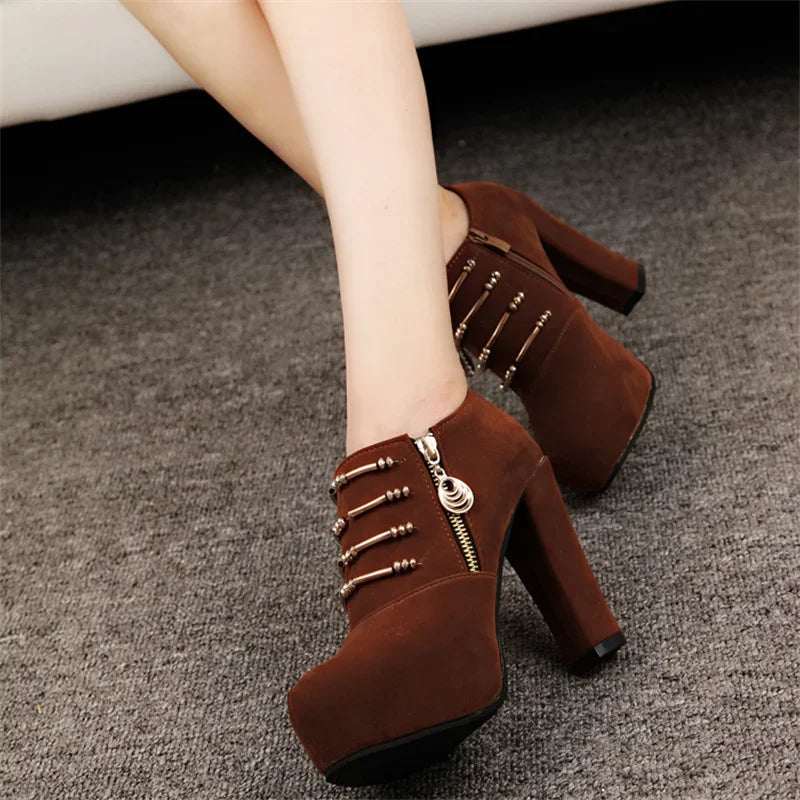 Elegant Lace Up Zip Square Heel Ankle Boots For Women