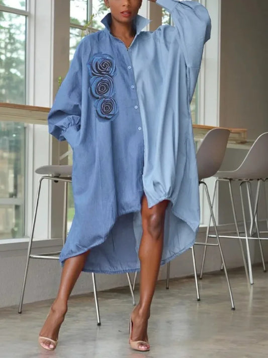 Beautyblue Women Blue Long Blouse Shirts Contrast Color Rose Shirt Fashion Buttoned Long Sleeves Flower Lapel Shirt Dress Female