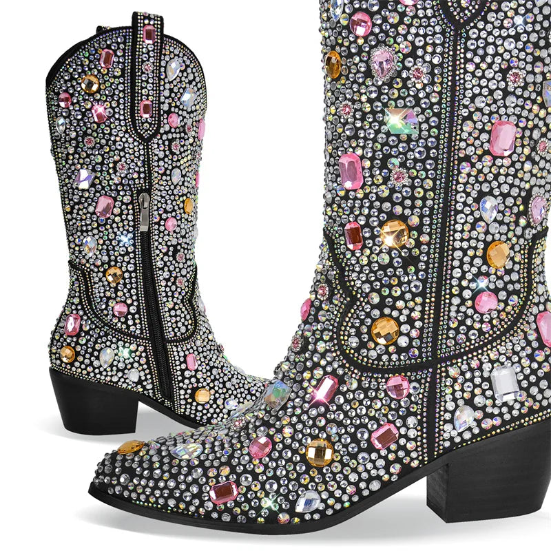 Rhinestone Knee High Cowgirl Boots With Chunky Heels for Women