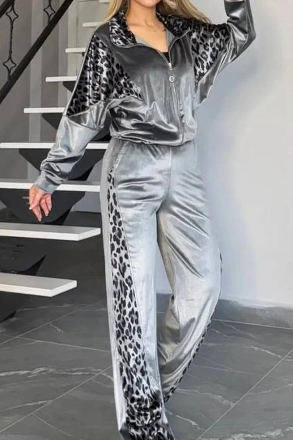 2025 Autumn Fashion Women Two Pieces Set Leopard Print Long-sleeved Lapel Zipper Straight Pants Ladies Suit Casual Outfit Female